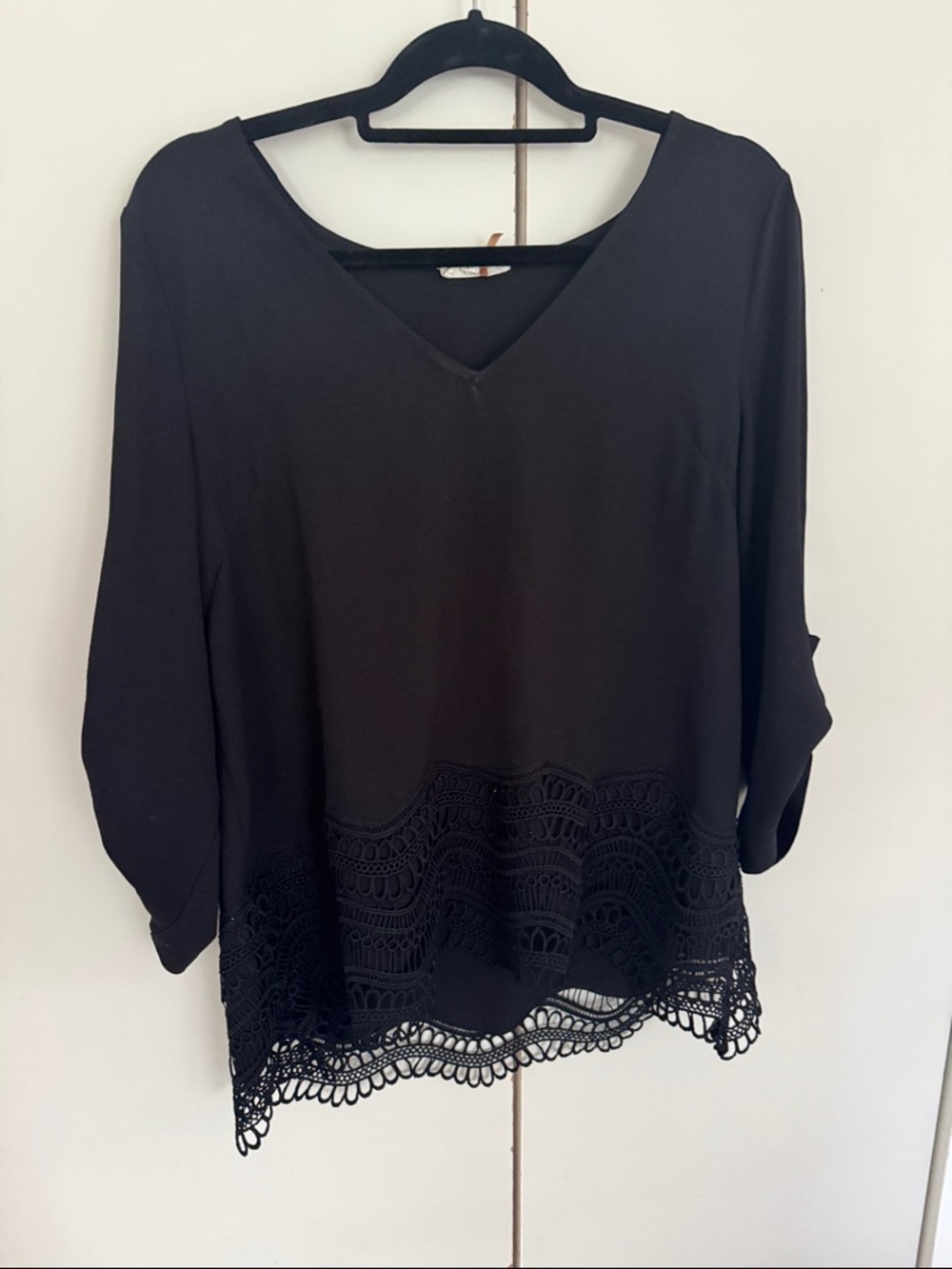 Black V-Neck Lace-Hem Women's Top
